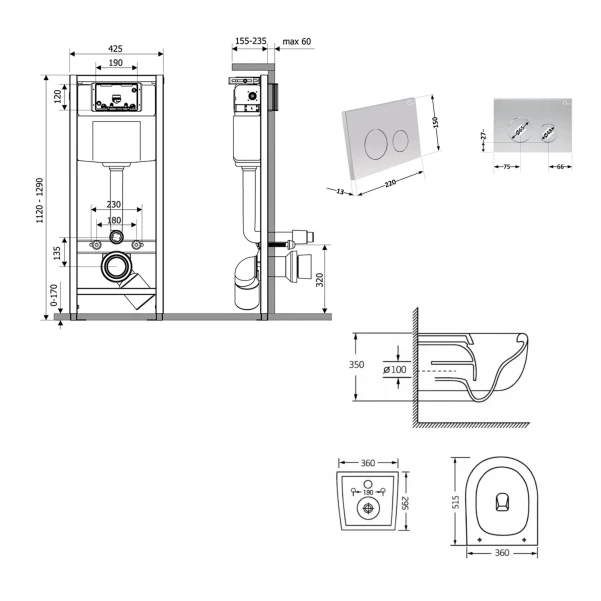Готове рішення Qtap для ванної кімнати: підвісний унітаз Taurus Ultra Quiet 515×360×350 + комплект інсталяції Nest 4 в 1 (кругла клавіша Satin) - 1 фото