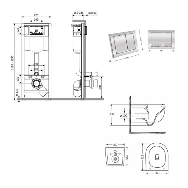 Готове рішення Qtap для ванної кімнати: підвісний унітаз Taurus Ultra Quiet 515×360×350 + комплект інсталяції Nest 4 в 1 (квадратна клавіша Chrome) - 1 фото