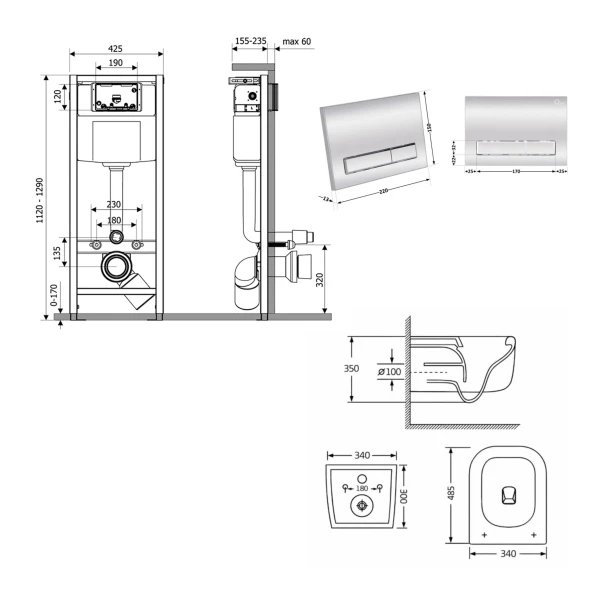 Готове рішення Qtap для ванної кімнати: підвісний унітаз Gemini Ultra Quiet 485×340×350 + комплект інсталяції Nest 4 в 1 (лінійна клавіша Chrome) - 1 фото