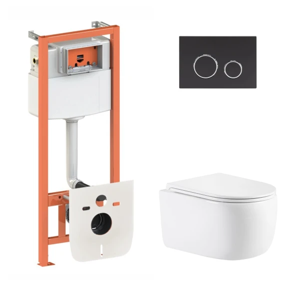 Готовое решение Qtap для ванной комнаты: подвесной унитаз Taurus Ultra Quiet 515×360×350 + комплект инсталляции Nest 4в1 (круглая клавиша Matt Black)