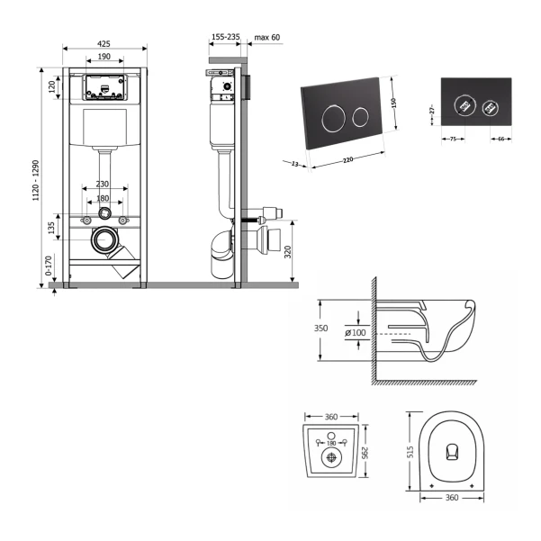 Готовое решение Qtap для ванной комнаты: подвесной унитаз Taurus Ultra Quiet 515×360×350 + комплект инсталляции Nest 4в1 (круглая клавиша Matt Black) - 1 фото