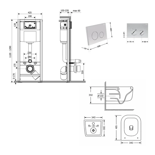 Готовое решение Qtap для ванной комнаты: подвесной унитаз Gemini Ultra Quiet 485×340×350 + комплект инсталляции Nest 4 в 1 (круглая клавиша Satin) - 1 фото