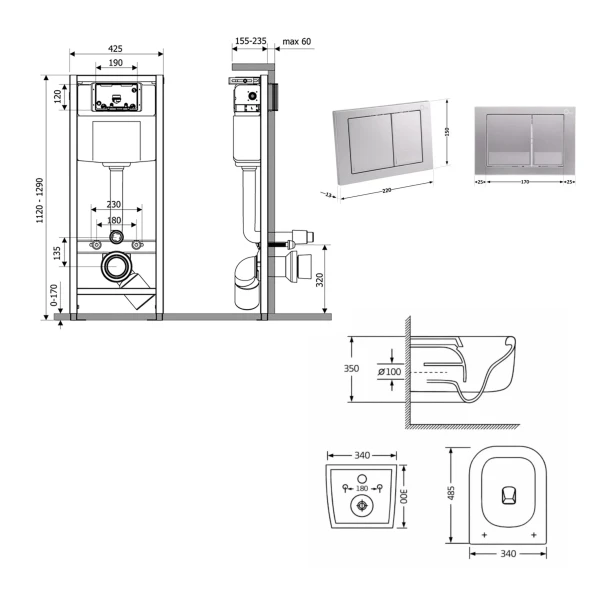 Готовое решение Qtap для ванной комнаты: подвесной унитаз Gemini Ultra Quiet 485×340×350 + комплект инсталляции Nest 4 в 1 (квадратная клавиша Satin) - 1 фото