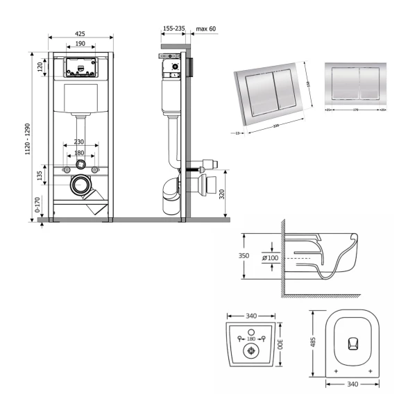 Готове рішення Qtap для ванної кімнати: підвісний унітаз Gemini Ultra Quiet 485×340×350 + комплект інсталяції Nest 4 в 1 (квадратна клавіша Chrome) - 1 фото