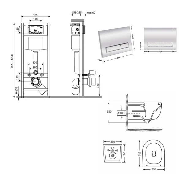 Готове рішення Qtap для ванної кімнати: підвісний унітаз Taurus Ultra Quiet 515×360×350 + комплект інсталяції Nest 4 в 1 (лінійна клавіша Chrome) - 1 фото