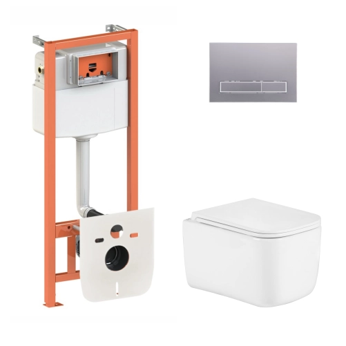 Готове рішення Qtap для ванної кімнати: підвісний унітаз Gemini Ultra Quiet 485×340×350 + комплект інсталяції Nest 4 в 1 (лінійна клавіша Satin)