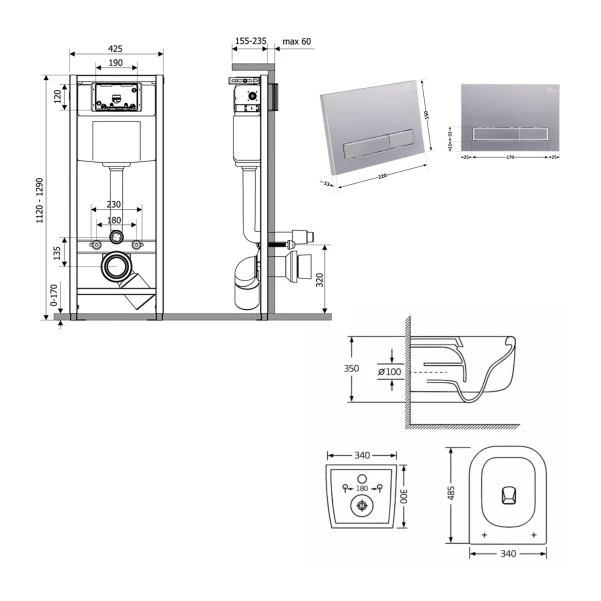 Готовое решение Qtap для ванной комнаты: подвесной унитаз Gemini Ultra Quiet 485×340×350 + комплект инсталляции Nest 4 в 1 (линейная клавиша Satin) - 1 фото