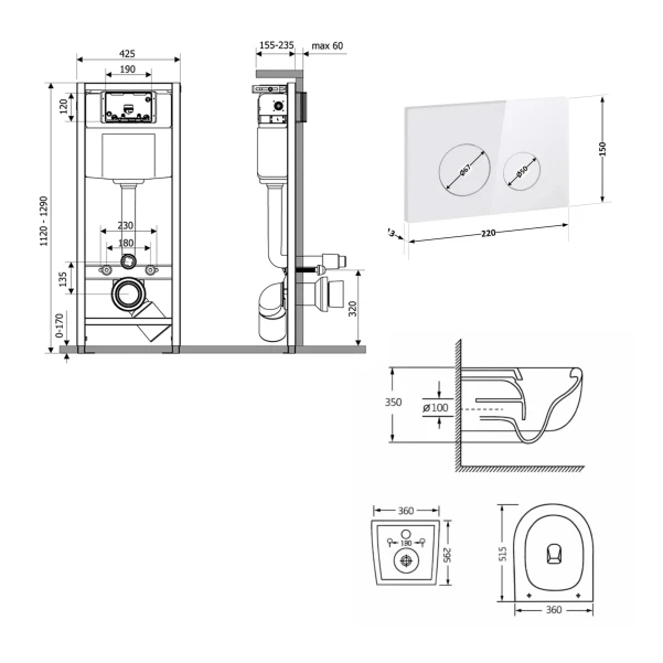Готовое решение Qtap для ванной комнаты: подвесной унитаз Taurus Ultra Quiet 515×360×350 + комплект инсталляции Nest 4 в 1 (круглая клавиша White) - 1 фото
