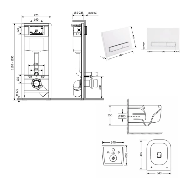Готове рішення Qtap для ванної кімнати: підвісний унітаз Gemini Ultra Quiet 485×340×350 + комплект інсталяції Nest 4 в 1 (лінійна клавіша White) - 1 фото
