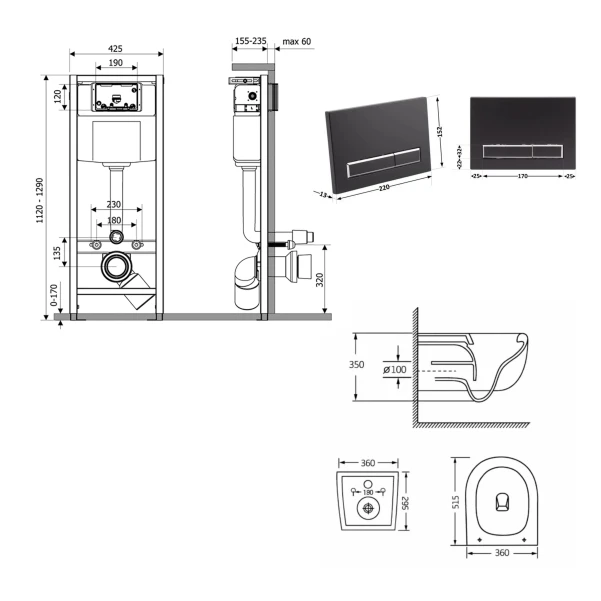 Готове рішення Qtap для ванної кімнати: підвісний унітаз Taurus Ultra Quiet 515×360×350  + комплект інсталяції Nest 4 в 1 (лінійна клавіша Matt Black) - 1 фото