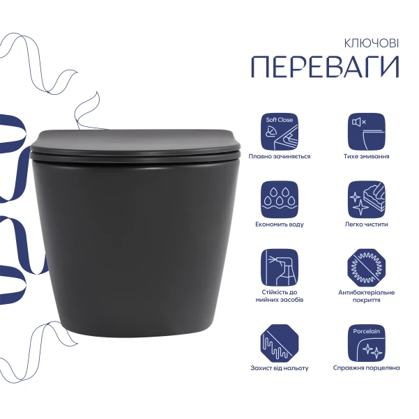 Унитаз подвесной Qtap Robin Ultra Quiet 520×365×340 мм, Anthracite, с сиденьем Slim Duroplast / Soft-close / Quick Release QTROB26AN48995 - 2 фото