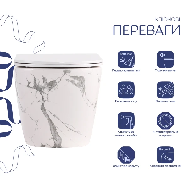 Унитаз подвесной Qtap Robin Ultra Quiet 520×365×340 мм, Marble, с сиденьем Slim Duroplast / Soft-close / Quick Release QTROB26MR48998 - 2 фото