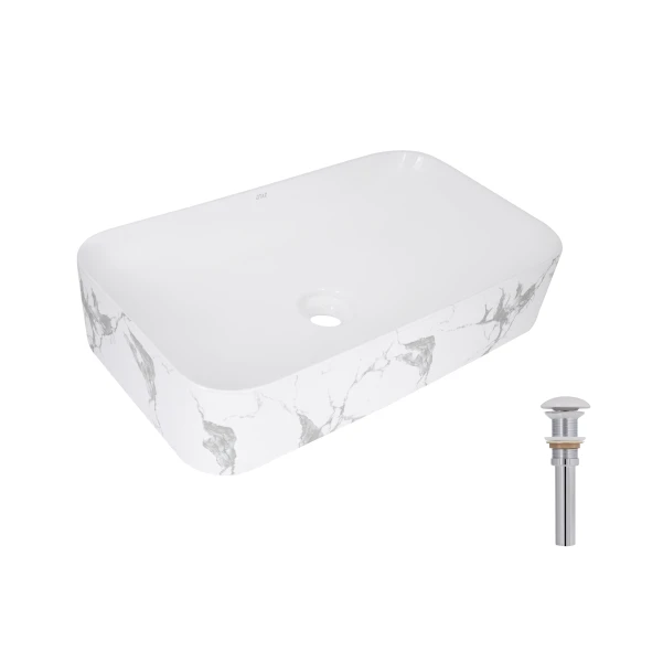 Раковина накладная Qtap Tern 610x350x135 мм, Marble, прямоугольная, с донным клапаном QTTER188MR49791