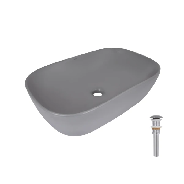 Раковина накладная Qtap Robin 600x390x150 мм, Stone grey, прямоугольная, с донным клапаном QTROB188SG49786
