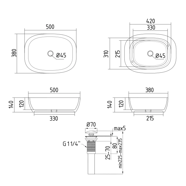 Раковина накладная Qtap Cardinal 500х380х140 мм, Stone grey, прямоугольная, с донным клапаном QTCAR188SG49824 - 1 фото