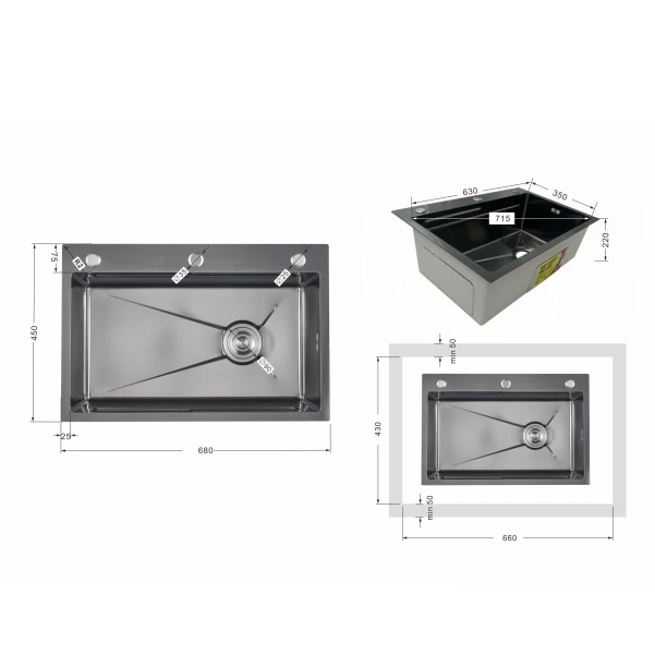 Мойка для кухни интегрированная Lidz Handmade H6845HB Decor Black PVD Honeycomb 3,0/1,0 мм LDH6845HDECBLM49445 - 1 фото