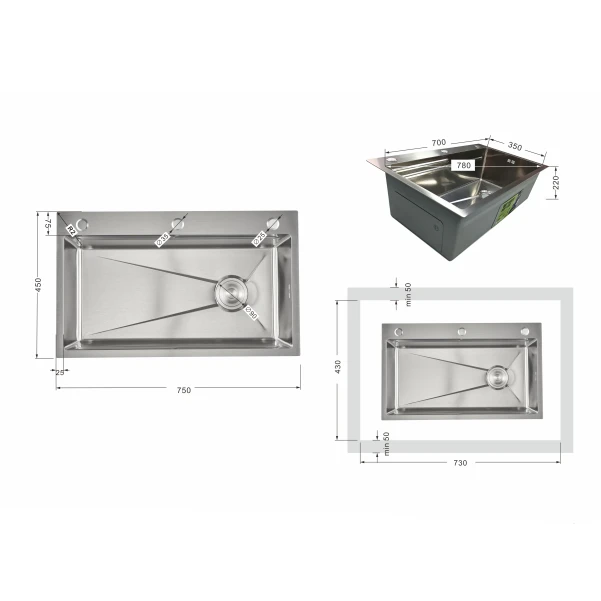 Мийка для кухні інтегрована Lidz Handmade H7545 Brushed Steel 3,0/1,0 мм LDH7545BRU49457 - 1 фото