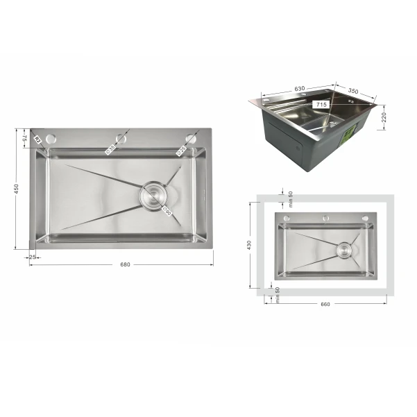 Мойка для кухни интегрированная Lidz Handmade H6845 Brushed Steel 3,0/1,0 мм LDH6845BRU49455 - 1 фото