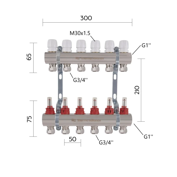 Коллектор латунный с расходомерами и евроконусами Thermo Alliance Standart 1" на 6 выходов TAS235W6E - 1 фото