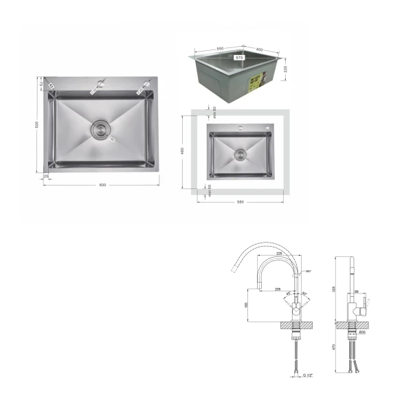 Акційний набір Lidz: мийка H6050H інтегрована Decor Honeycomb 2,5/0,5 мм LDH6050DEC48370 + Змішувач Aria для кухні з гнучким виливом (k35) Grey - 1 фото