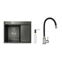 Акційний набір Lidz: мийка H6350BR інтегрована крило справа Brushed Black PVD 3,0/1,0 мм + Змішувач Aria для кухні з гнучким виливом (k35) Black