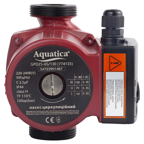 Насос циркуляційний 100Вт Hmax 6м Qmax 75л/хв Ø1½" 130мм+гайки Ø1" Aquatica - 7 фото