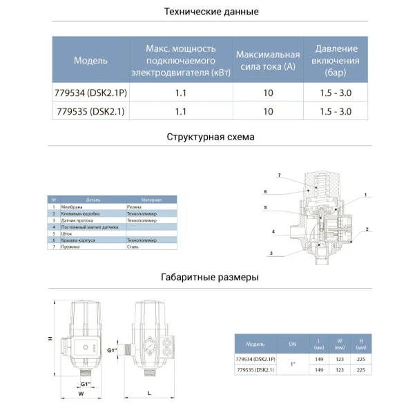 Прес контроль 1.1кВт Ø1" 1.5-3.0 bar AQUATICA - 1 фото