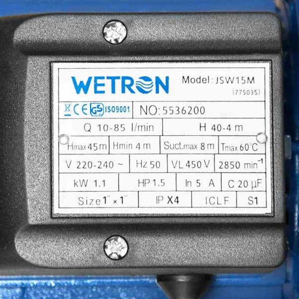 насос відцентровий самовсмоктуючий 1.1кВт Hmax 45м Qmax 85л/хв Wetron - 7 фото