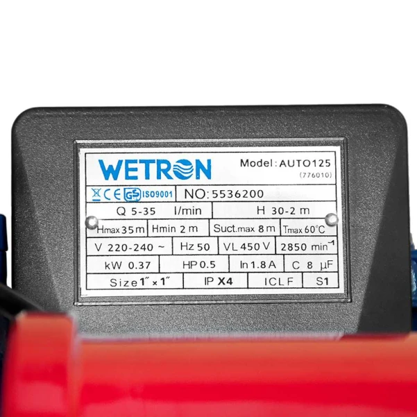 станція 0.37кВт Hmax 32м Qmax 35л/хв вихровий насос 1л Wetron - 5 фото